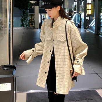 Твидовый пиджак в клетку, осенне-зимняя женская куртка со стоячим воротником и поясом, шерстяное пальто для деловых дам, тонкая цельнокроеная куртка, пальто