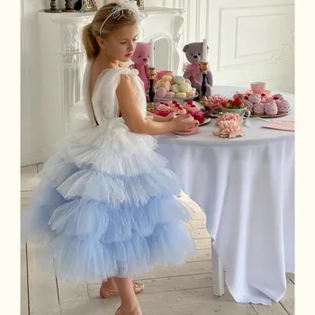 Платья для девочек в цветочек чайной длины для свадьбы, детские платья для вечеринок с V-образным вырезом, нарядные платья для девочек, платья для фотосессии на день рождения, платья для вечеринок
