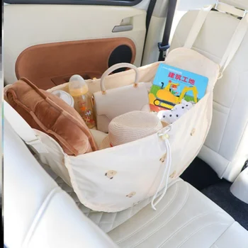 Детский органайзер, холщовая сумка для хранения в салоне автомобиля с принтом медведя, сумка для подвешивания спинки заднего сиденья, сумка для коляски