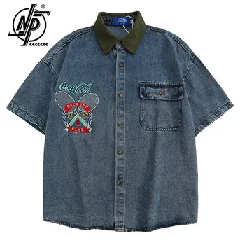 Стираемая джинсовая рубашка в американском стиле ретро, мужская летняя лоскутная уличная рубашка с лацканами и буквенной вышивкой, уличная рубашка с коротким рукавом, Унисекс 2023