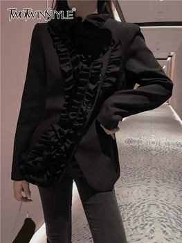 TWOTWINSTYLE, женские куртки с минималистичными складками, воротник-стойка, длинный рукав, лоскутная однобортная приталенная куртка, женская мода
