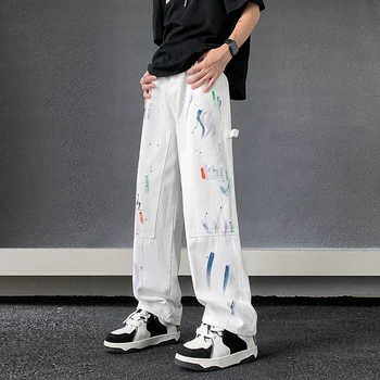 Новые модные мужские белые джинсовые брюки цвета Граффити, Длинные прямые джинсовые брюки, уличная одежда в стиле хип-хоп, мужская одежда