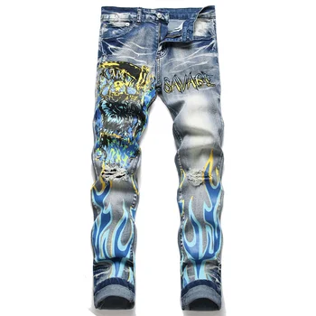 Оригинальные джинсы Мужские, раскрашенные Граффити, Тонкие джинсы-стрейч, Модные джинсовые брюки с полым принтом, Новые мужские джинсовые брюки в стиле хип-хоп