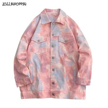 Мужская Розовая куртка с принтом Tie Dye 2020, Весна-осень, мужские куртки-карго из хлопчатобумажной саржи, мужская свободная куртка с отложным воротником, верхняя одежда