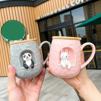 3D рельефная керамическая кружка с крышкой, ложка, кофейные кружки, ложка, дрова для животных, чашка для собаки, чашка для чая