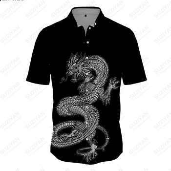 2023 Весна-осень, Новая модная мужская рубашка с 3D принтом Дракона, мужская рубашка Поло с коротким рукавом и пуговицами в этническом китайском стиле, большой топ
