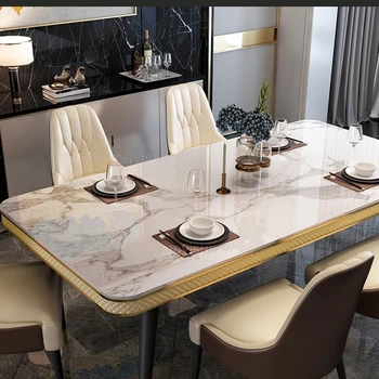 Современный Роскошный обеденный стол для кухонной мебели Мраморная столешница Металлический каркас стола Кожаные обеденные стулья
