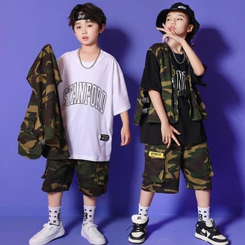 Детская одежда для хип-хопа в стиле Kpop, Камуфляжный Тактический жилет, футболка с графическим рисунком, Летние Шорты для девочек и мальчиков, костюм для джазовых танцев, одежда для рейва