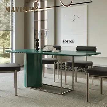 Простой обеденный набор, доска высокой плотности и комбинированный стол из нержавеющей стали, прямоугольный стол с рабочим столом для выпечки