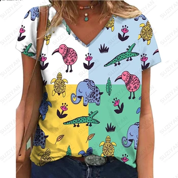 Женская футболка с коротким рукавом и животным принтом, элегантный темпераментный женский топ, повседневная свободная летняя футболка с V-образным вырезом, хит продаж, женская футболка