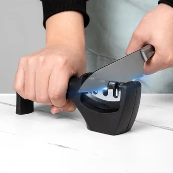 Кухонная 3-сегментная точилка для ножей, бытовой многофункциональный ручной трехцелевой черный точильный камень