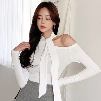 Новая обтягивающая футболка с длинным рукавом, женская Корейская мода, темперамент, Половина высокого воротника, Нерегулярные топы на шнуровке, Офисная Женская футболка