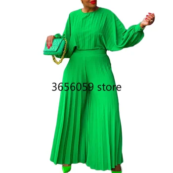Летний модный стиль Африканских женщин С длинным рукавом и круглым вырезом, полиэстер, белый, зеленый, желтый, синий, комплекты из 2 предметов, топ, длинные брюки, подходящие комплекты