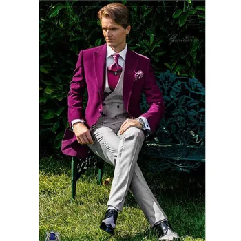 Изготовленные на заказ модные свадебные костюмы мужские Фиолетовое бархатное пальто Серый жилет брюки из 3 частей slim fit формальный Заостренный лацкан мужские Блейзеры для отдыха