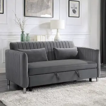 Классический дизайн, раскладной диван-кровать из 1 шт. с подушками, Коричнево-Серые обитые бархатом Металлические ножки, Универсальная мебель для гостиной