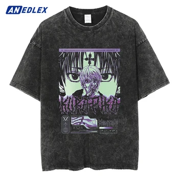 Черная выстиранная винтажная футболка, мужская уличная одежда в стиле хип-хоп, футболка с принтом японского аниме, Летние хлопковые топы в стиле Харадзюку с коротким рукавом