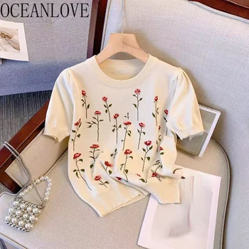 Милая футболка с цветочным принтом OCEANLOVE, Женские топы с коротким рукавом, Милая Весенне-летняя одежда, Корейские модные Винтажные тонкие футболки