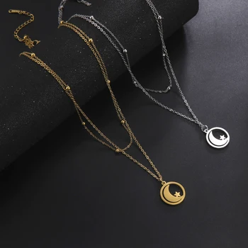 Модное женское ожерелье с полой круглой подвеской в виде Луны, двухслойное ожерелье из нержавеющей стали для подарка на память
