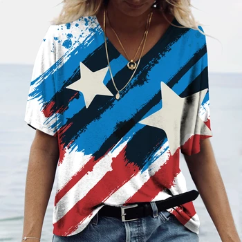 Мода США, Футболка с Американским флагом, женские футболки с V-образным вырезом, Y2k, Топы, Женская Уличная одежда Оверсайз, Женские Повседневные футболки в стиле Харадзюку