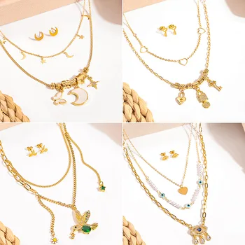 Новое модное ожерелье с зеленой птицей, ожерелье с лунной бабочкой, ожерелье с дьявольским глазом, набор для ушей, ювелирные изделия для женщин, подарки