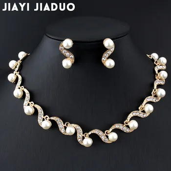 Jiayijiaduo Африканские свадебные комплекты ювелирных изделий золотого цвета С имитацией жемчуга, женское ожерелье, набор сережек, свадебный подарок, прямая поставка для вечеринки