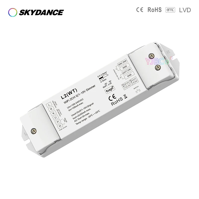 Skydance Одноцветная светодиодная лента 0/1-10V 2CH WiFi RF Кнопочный Диммер Tuya APP Cloud вкл/выкл Контроллер DIP-переключатель AC 110V 220V 0