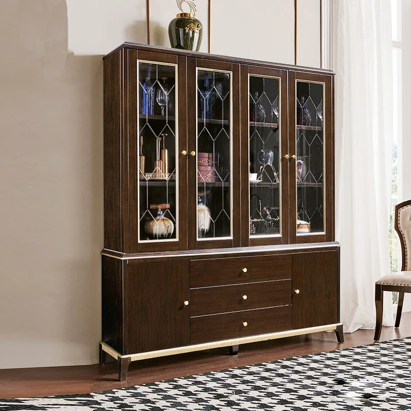 Винный шкаф из массива дерева, гостиная в европейском стиле, четырехдверный стеклянный шкафчик для хранения, книжный шкаф, простая современная бытовая мебель 0