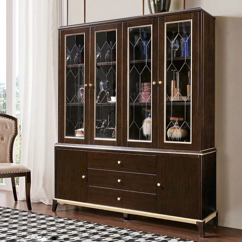 Винный шкаф из массива дерева, гостиная в европейском стиле, четырехдверный стеклянный шкафчик для хранения, книжный шкаф, простая современная бытовая мебель 2