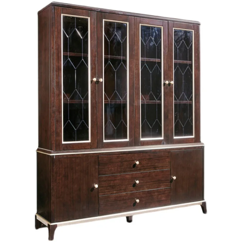 Винный шкаф из массива дерева, гостиная в европейском стиле, четырехдверный стеклянный шкафчик для хранения, книжный шкаф, простая современная бытовая мебель 3