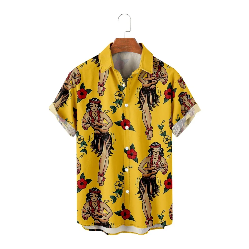 Желтая рубашка с 3D принтом Гавайская мужская одежда Летний Повседневный Свободный топ с короткими рукавами 4XL Дышащая рубашка Топ 0