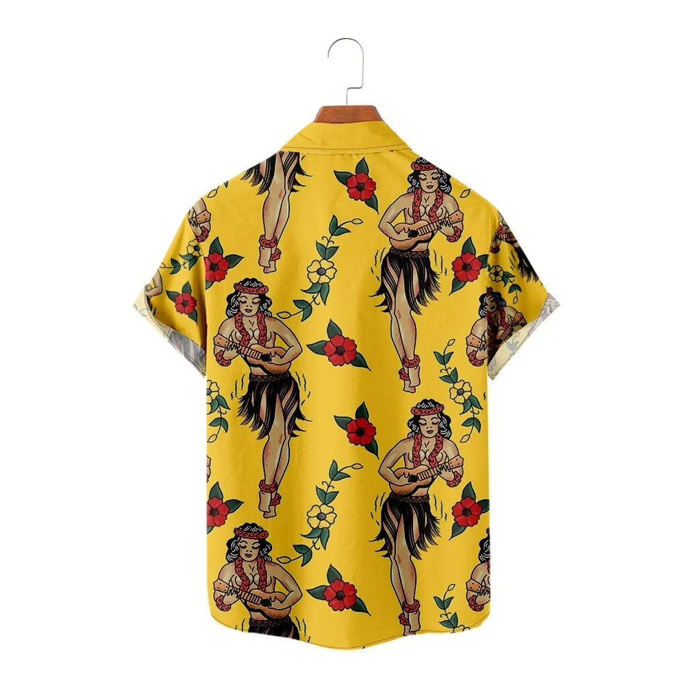 Желтая рубашка с 3D принтом Гавайская мужская одежда Летний Повседневный Свободный топ с короткими рукавами 4XL Дышащая рубашка Топ 1