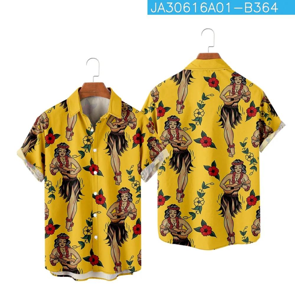 Желтая рубашка с 3D принтом Гавайская мужская одежда Летний Повседневный Свободный топ с короткими рукавами 4XL Дышащая рубашка Топ 2