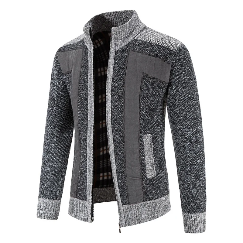 Зимний Толстый теплый свитер, мужской кардиган, модный вязаный кардиган из флиса в стиле пэчворк, пальто, мужской свитер со стоячим воротником, вязаная куртка 2