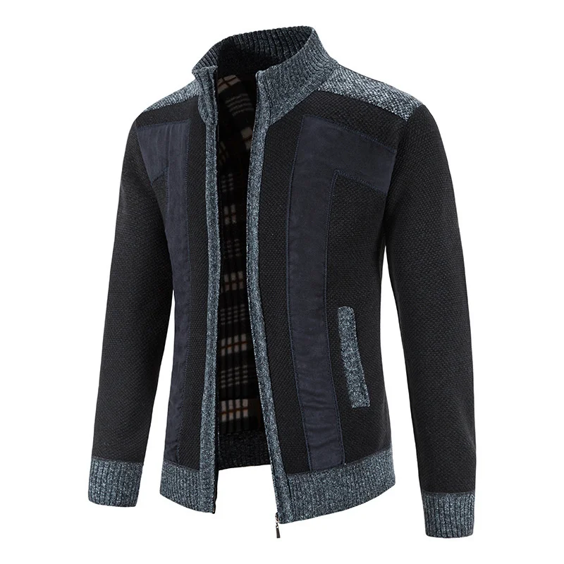 Зимний Толстый теплый свитер, мужской кардиган, модный вязаный кардиган из флиса в стиле пэчворк, пальто, мужской свитер со стоячим воротником, вязаная куртка 3