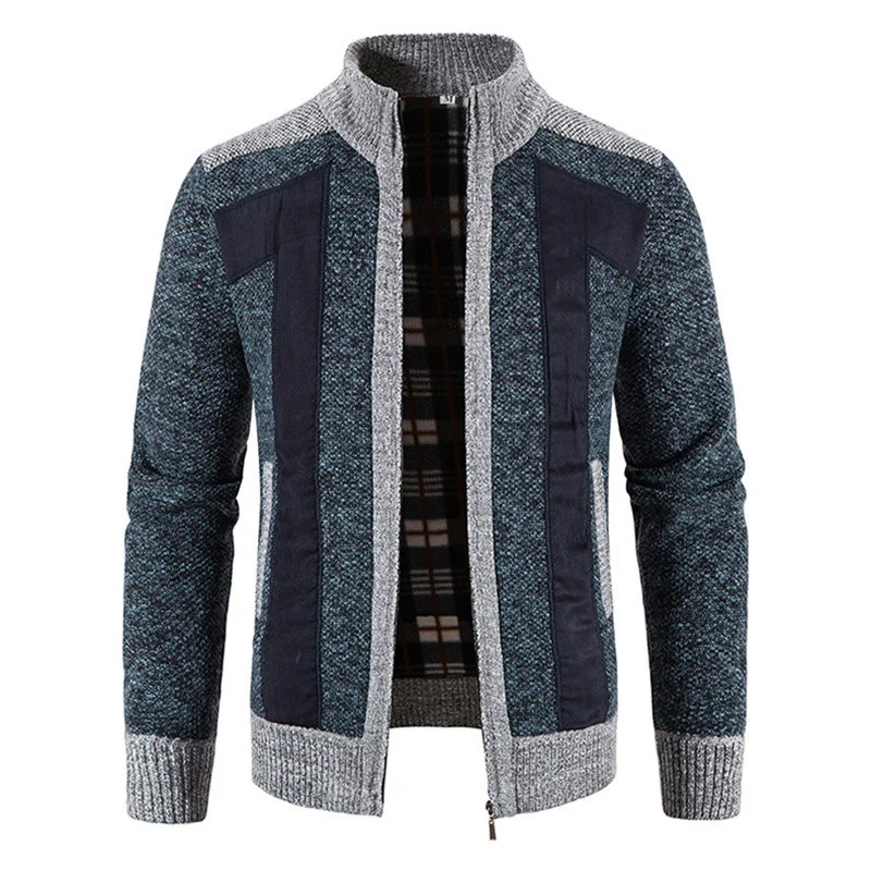 Зимний Толстый теплый свитер, мужской кардиган, модный вязаный кардиган из флиса в стиле пэчворк, пальто, мужской свитер со стоячим воротником, вязаная куртка 5