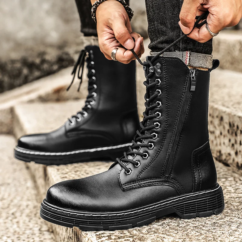 Кроссовки, уличная модная мужская обувь с высоким берцем, повседневные кожаные ботильоны в уличном стиле, мужские размеры 38-48, трендовые мужские ботинки с боковой молнией 4