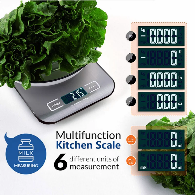 Кухонные весы, цифровые многофункциональные весы из нержавеющей стали с ЖК-дисплеем, электронные весы весом 5 кг, измеряющие 2