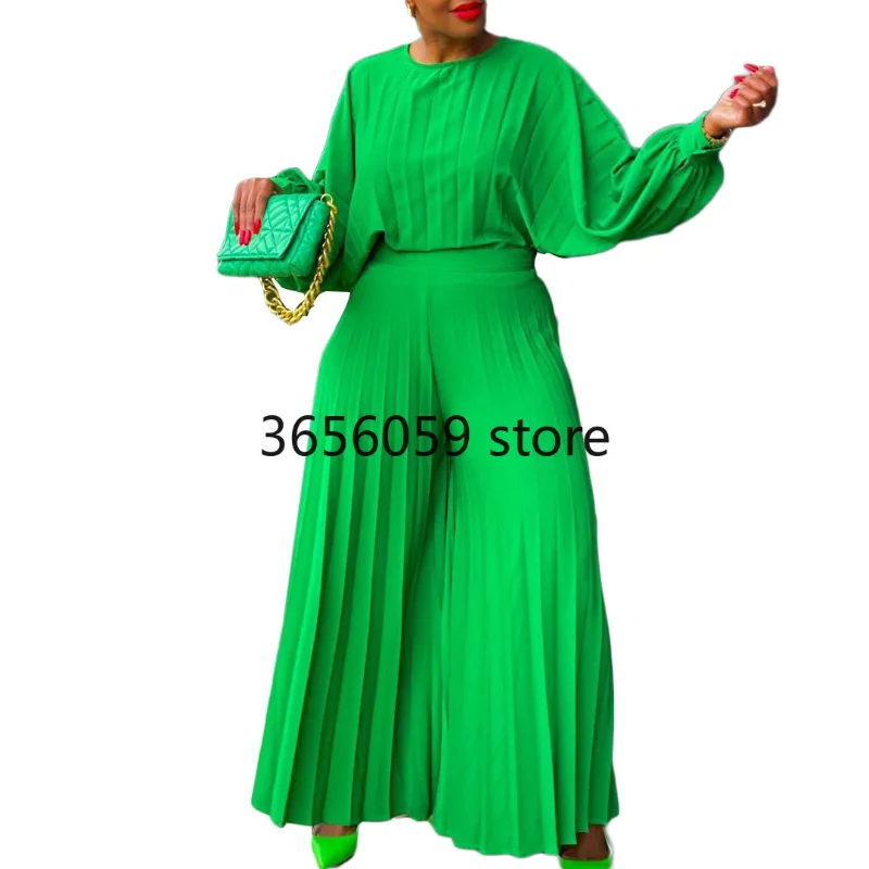 Летний модный стиль Африканских женщин С длинным рукавом и круглым вырезом, полиэстер, белый, зеленый, желтый, синий, комплекты из 2 предметов, топ, длинные брюки, подходящие комплекты 0