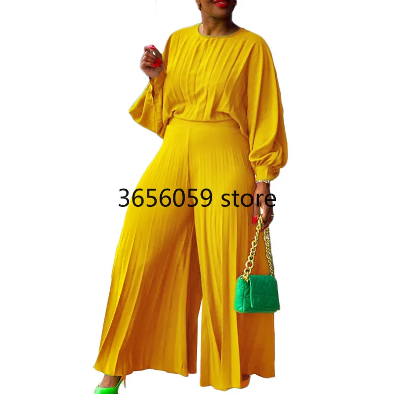 Летний модный стиль Африканских женщин С длинным рукавом и круглым вырезом, полиэстер, белый, зеленый, желтый, синий, комплекты из 2 предметов, топ, длинные брюки, подходящие комплекты 1