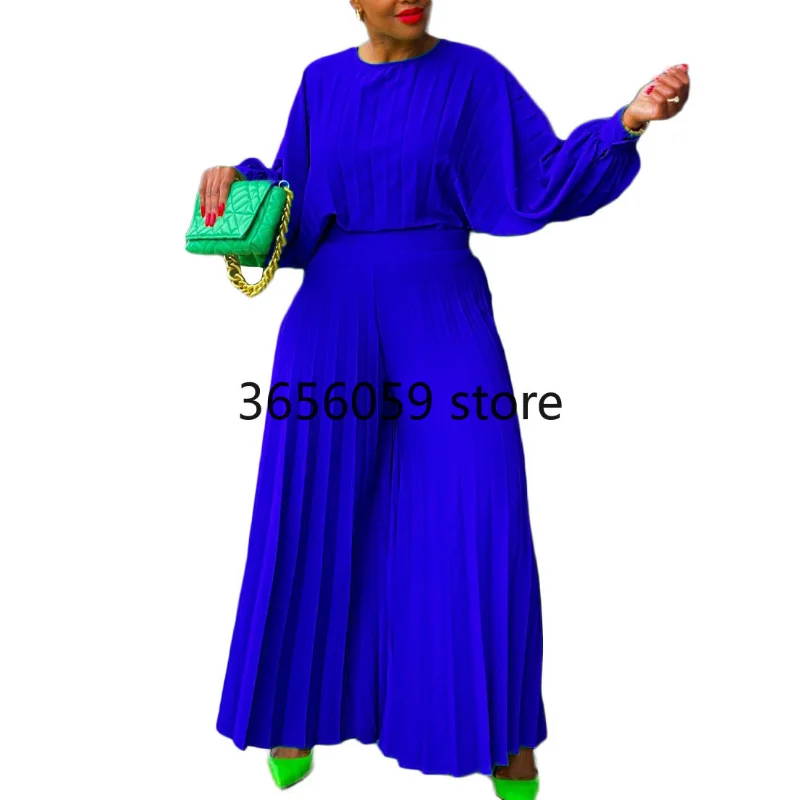 Летний модный стиль Африканских женщин С длинным рукавом и круглым вырезом, полиэстер, белый, зеленый, желтый, синий, комплекты из 2 предметов, топ, длинные брюки, подходящие комплекты 2