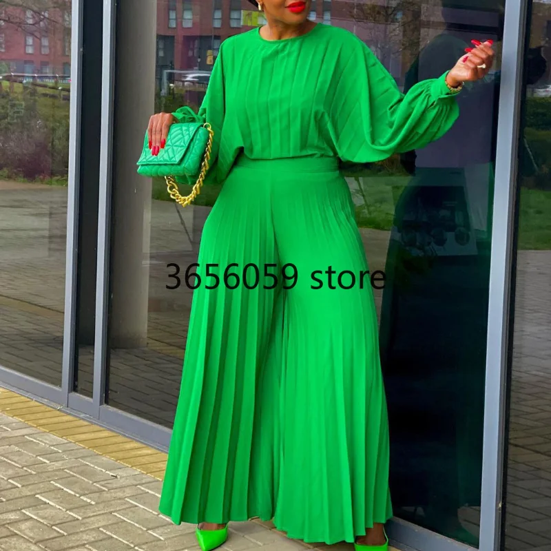Летний модный стиль Африканских женщин С длинным рукавом и круглым вырезом, полиэстер, белый, зеленый, желтый, синий, комплекты из 2 предметов, топ, длинные брюки, подходящие комплекты 4