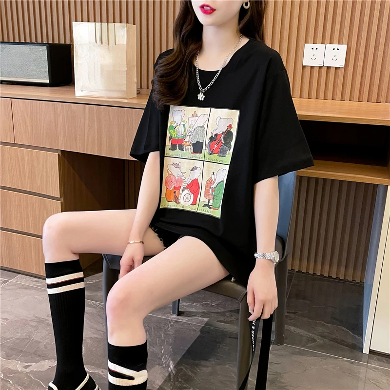 Летняя женская готическая кавайная футболка Harajuku, футболки с мультяшным принтом, уличная футболка из чистого хлопка оверсайз с коротким рукавом, черные Топы y2 3
