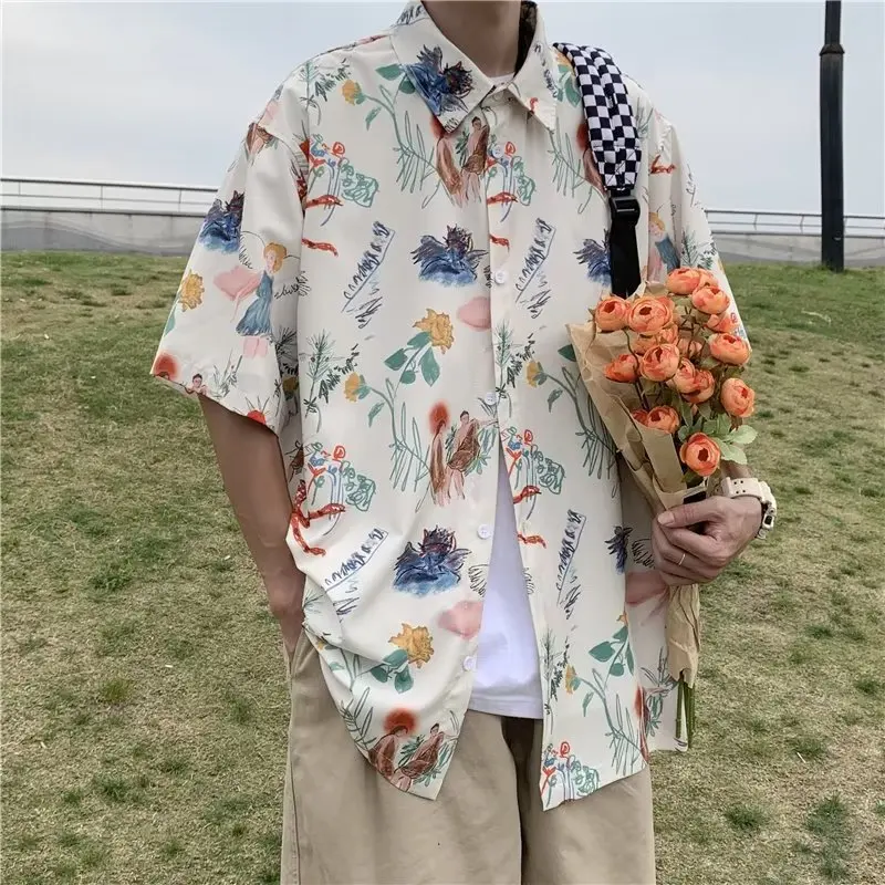 Летняя модная мужская повседневная рубашка с цветочным принтом, Тонкая Свободная пляжная футболка с коротким рукавом, Повседневная уличная одежда, Гавайская рубашка Harajuku 0