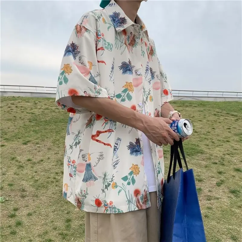 Летняя модная мужская повседневная рубашка с цветочным принтом, Тонкая Свободная пляжная футболка с коротким рукавом, Повседневная уличная одежда, Гавайская рубашка Harajuku 1
