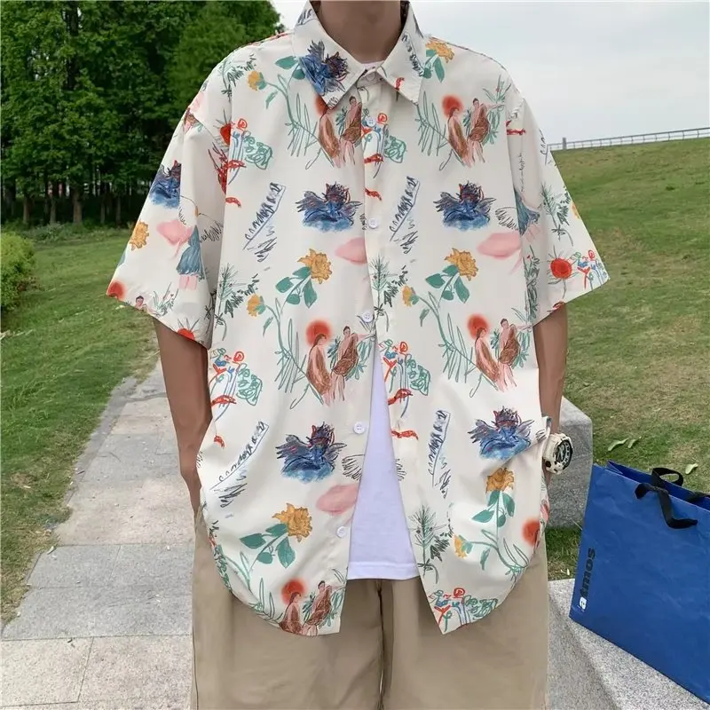 Летняя модная мужская повседневная рубашка с цветочным принтом, Тонкая Свободная пляжная футболка с коротким рукавом, Повседневная уличная одежда, Гавайская рубашка Harajuku 2