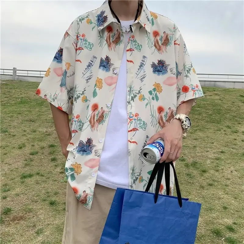 Летняя модная мужская повседневная рубашка с цветочным принтом, Тонкая Свободная пляжная футболка с коротким рукавом, Повседневная уличная одежда, Гавайская рубашка Harajuku 4