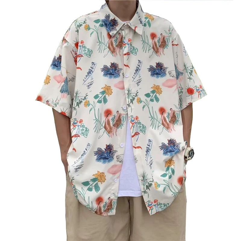 Летняя модная мужская повседневная рубашка с цветочным принтом, Тонкая Свободная пляжная футболка с коротким рукавом, Повседневная уличная одежда, Гавайская рубашка Harajuku 5