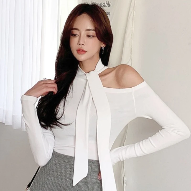 Новая обтягивающая футболка с длинным рукавом, женская Корейская мода, темперамент, Половина высокого воротника, Нерегулярные топы на шнуровке, Офисная Женская футболка 0