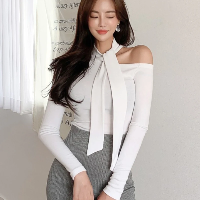 Новая обтягивающая футболка с длинным рукавом, женская Корейская мода, темперамент, Половина высокого воротника, Нерегулярные топы на шнуровке, Офисная Женская футболка 3