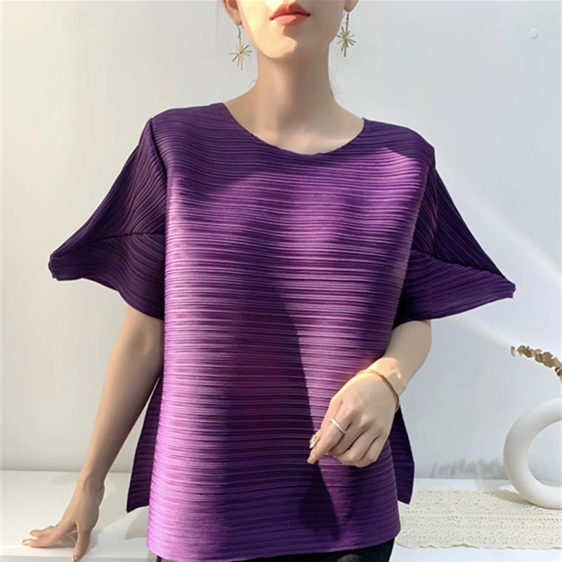 Однотонная плиссированная футболка Miyake, женский летний повседневный плиссированный топ с рукавами 2023, Свободные футболки большого размера с чувством дизайна, высококачественные футболки 1